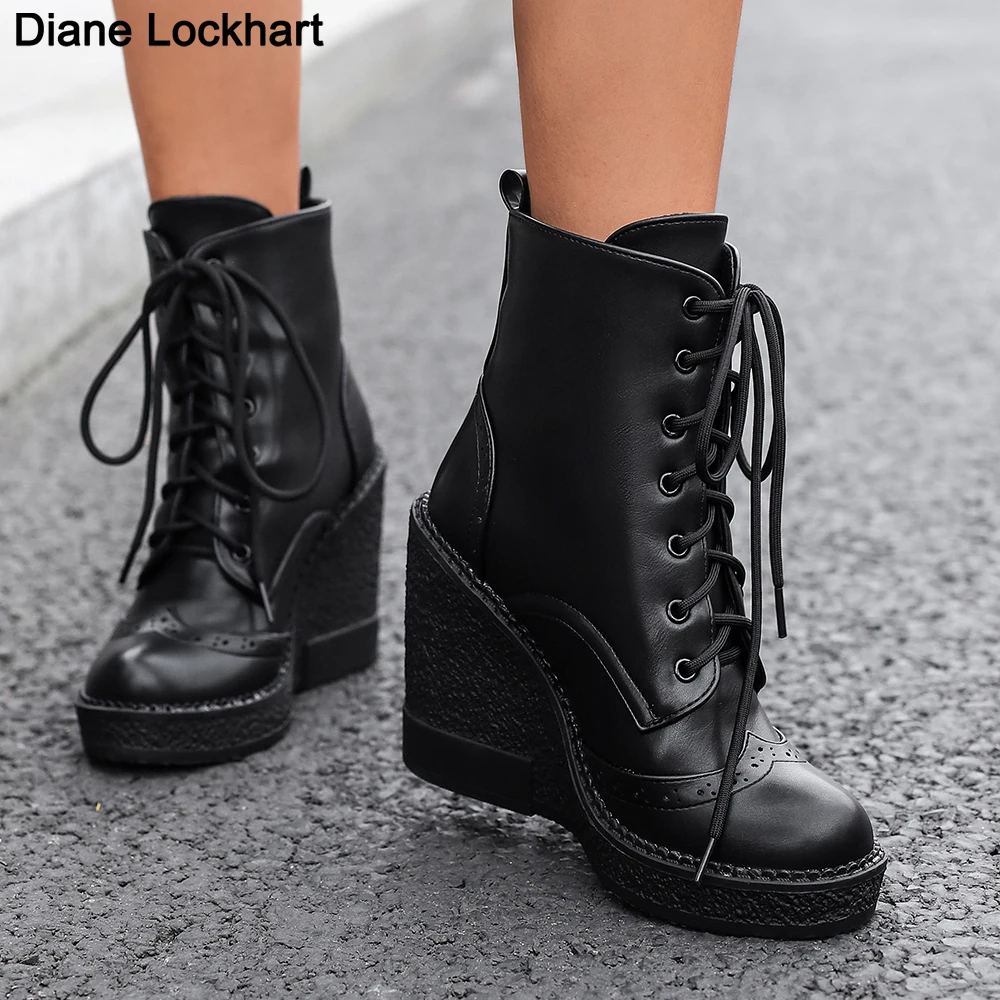 Platform Women\'s Lace Up Ankle Boots Autumn Winter Wedge thick Sole Shoes Lace Up Heels Short Boot Comfortable Booties For Women