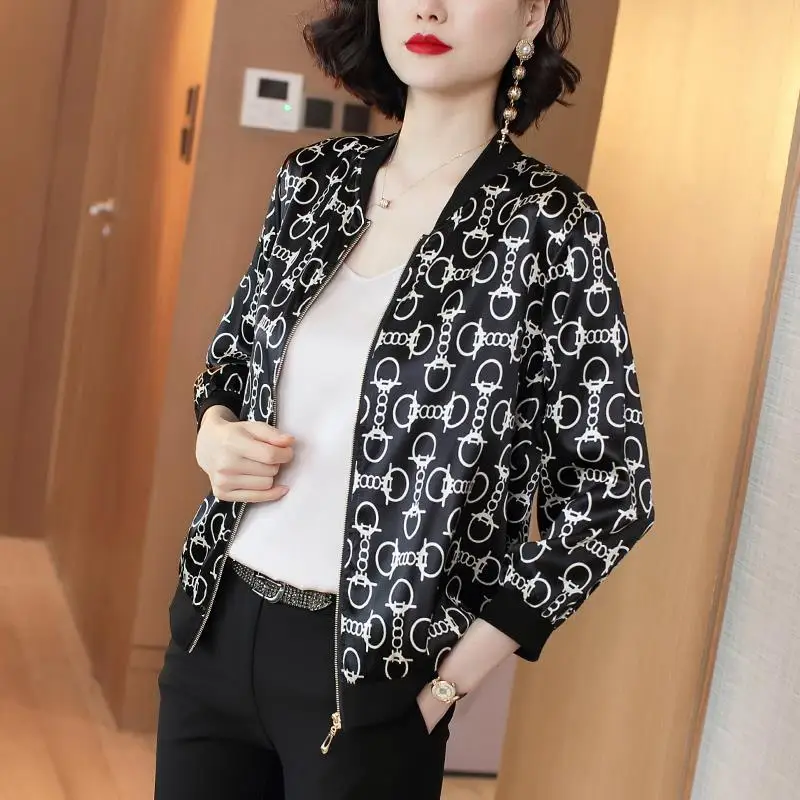 Women Fashion Print Slim Long Sleeve Zipper Baseball Jackets Spring Autumn Casual Thin Outerwear Short Coat Female Clothing 4XL