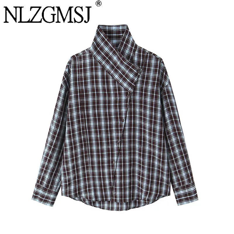 NLZGMSJ Women Plaid Printed Shirt 2026 Spring Autumn Fashion Vintage Asymmetry Collar Long Sleeves Causal Elegant Loose Tops