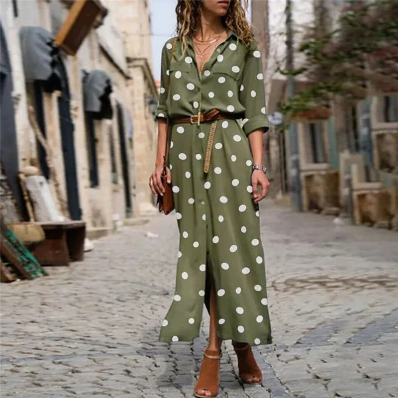 Women New Polka Breasted Dot Shirt Single Dress Women's Sleeve Long Pre-spring Autumn Split V-neck Fashion Dress (no Belt)