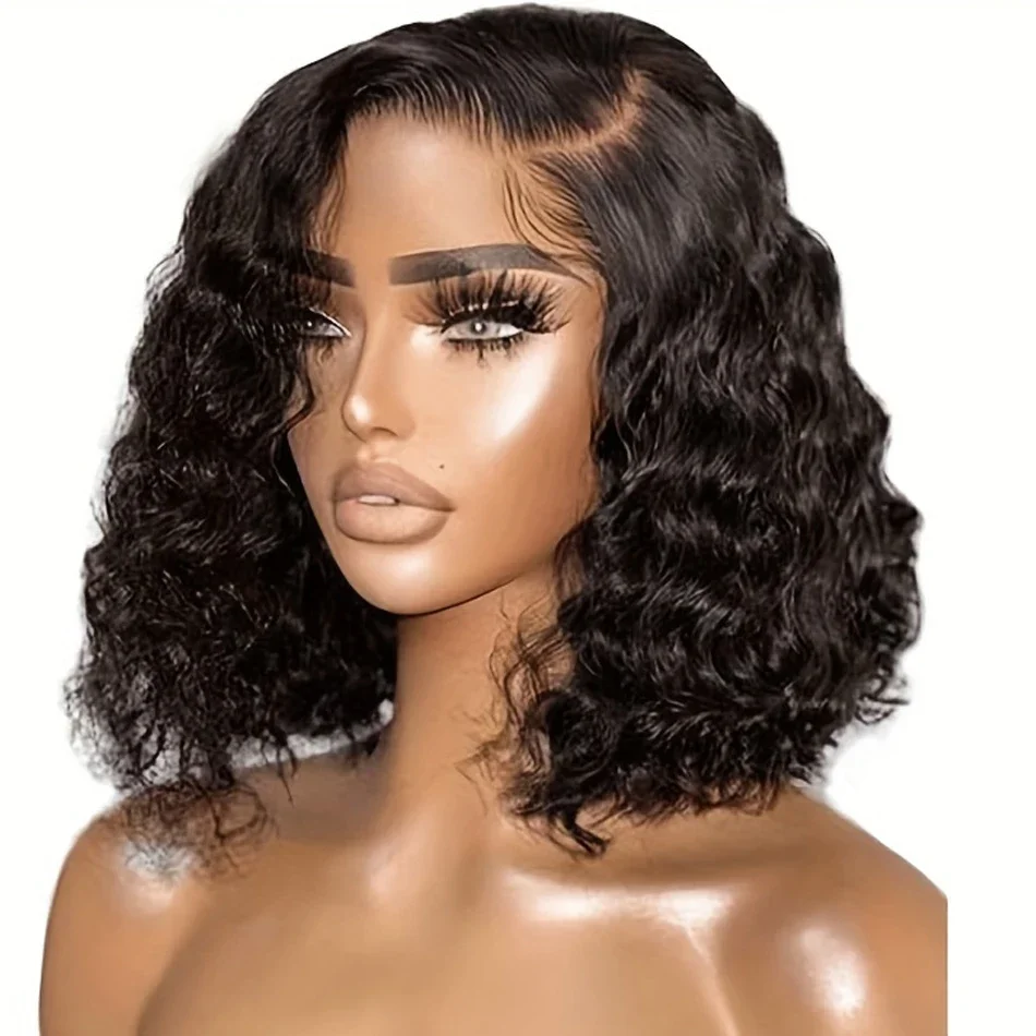 Deep Wave Curly Short Bob Wig Brazilian Human Hair 13x4 HD Transparent Lace Frontal 200% Density Wigs Pre Plucked With Baby Hair