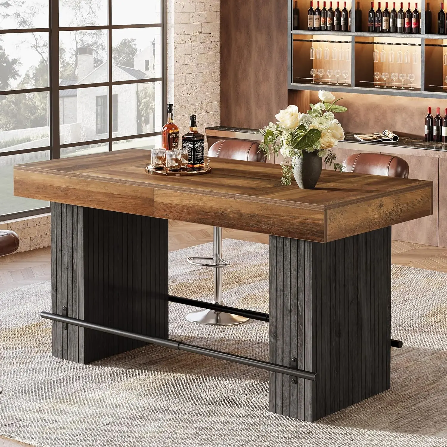 62.2 Inch Bar Table, Industrial Counter Height Pub Dining Table, Rectangular Home Bar Units with Metal Footrest for Home Kitchen