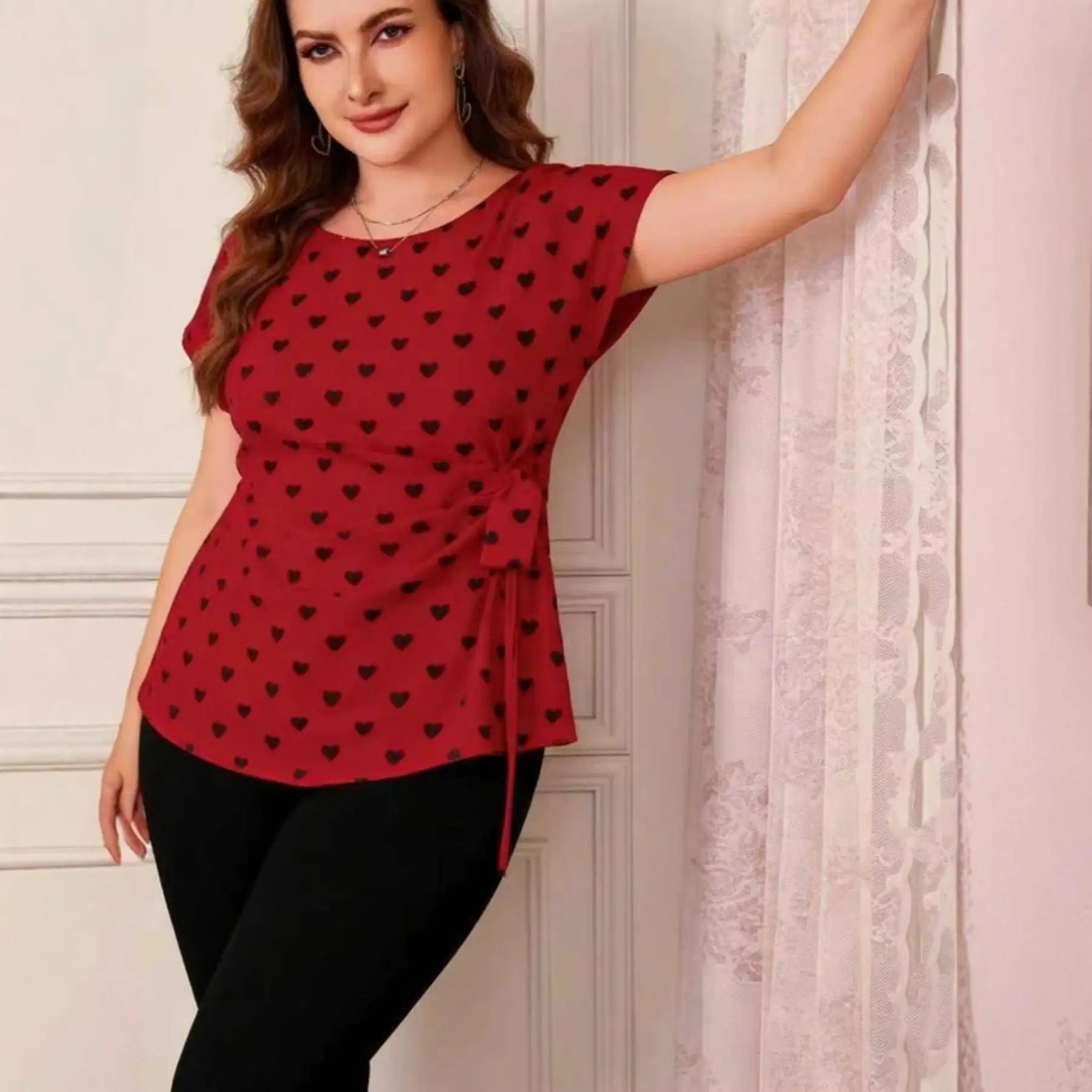 

plus Size Women's Fashionable Elegant Heart Print Drawstring Short Sleeve round Neck Crossbody Dress City Walk Polyester