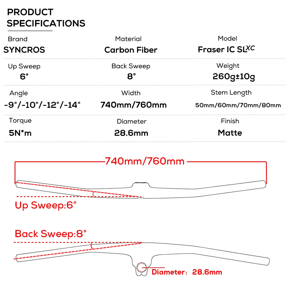 No Logo SYNCROS FRASER IC SL XC 60mm For Sparks Frame -9°/-10°/-12°/-14° Full Carbon Fiber Integrated Cockpit MTB Handlebar