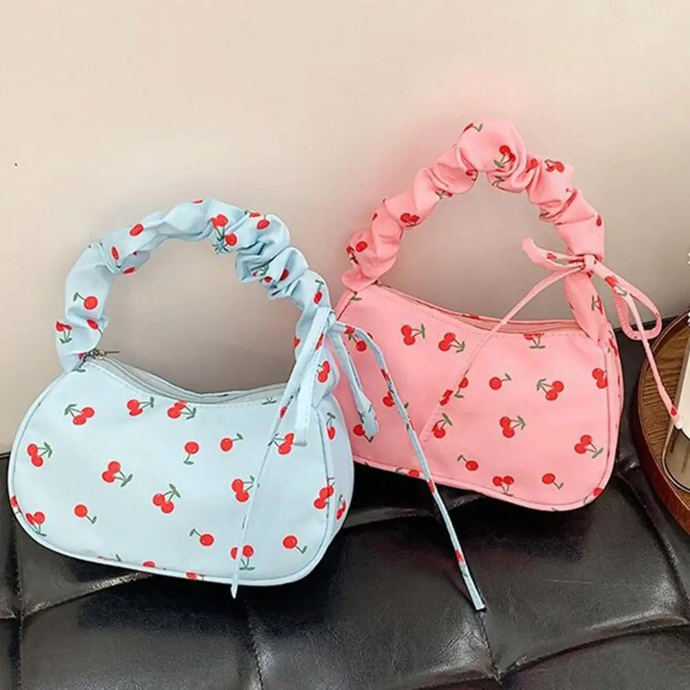 Cute Cherry Print Shoulder Bag Ruched Handle Dumpling Tote Y2K Sweet Casual Crossbody Purse Casual Handbag for Women
