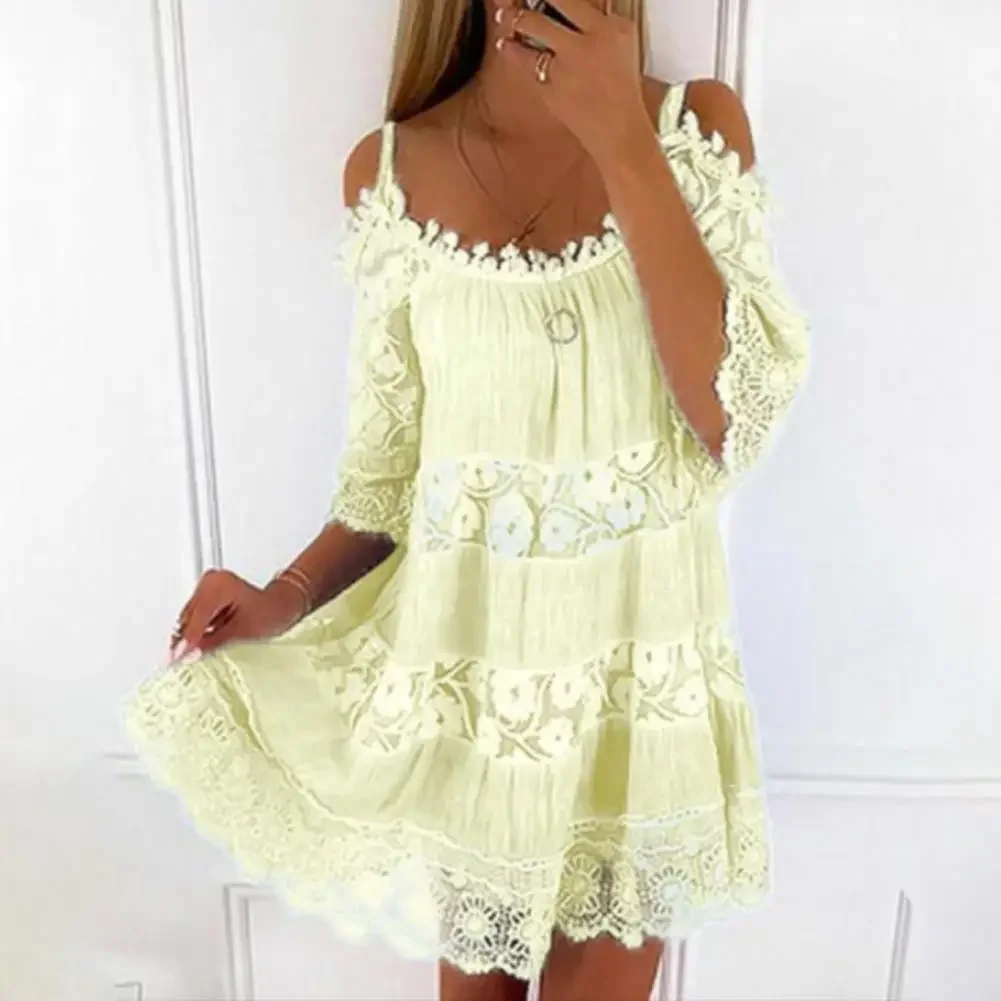 Embroidery Crochet Lace Cold Shoulder Mini Dress Women Scoop Neck Half Sleeves Mid-Rise Loose Fit Summer Dress Lady Beach Dress