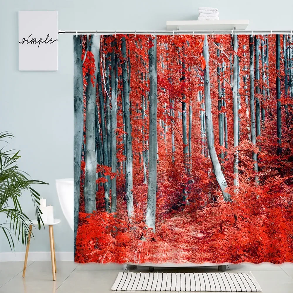 Autumn Forest Landscape Shower Curtain Red Maple Trees Road Rural Nature Scenery Garden Wall Hanging Bathroom Decor Curtains Set