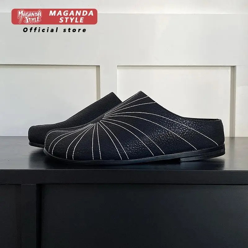 

Embroidered design leather slippers men's summer new Mueller shoes outdoor Slip in tabi split toe shoes breathable