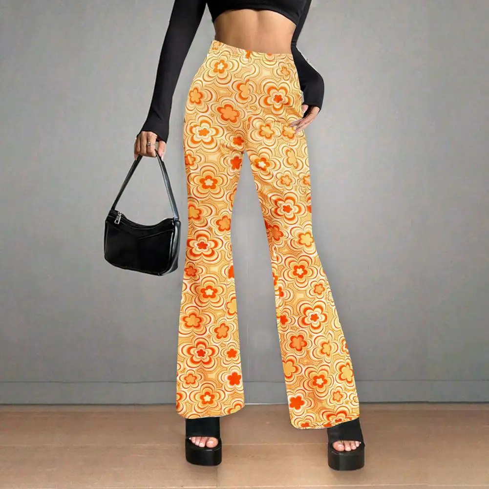 

Comfortable Women Trousers Stylish Women's Flared Pants with Elastic High Waist Vibrant Flower Print for Daily Wear Business