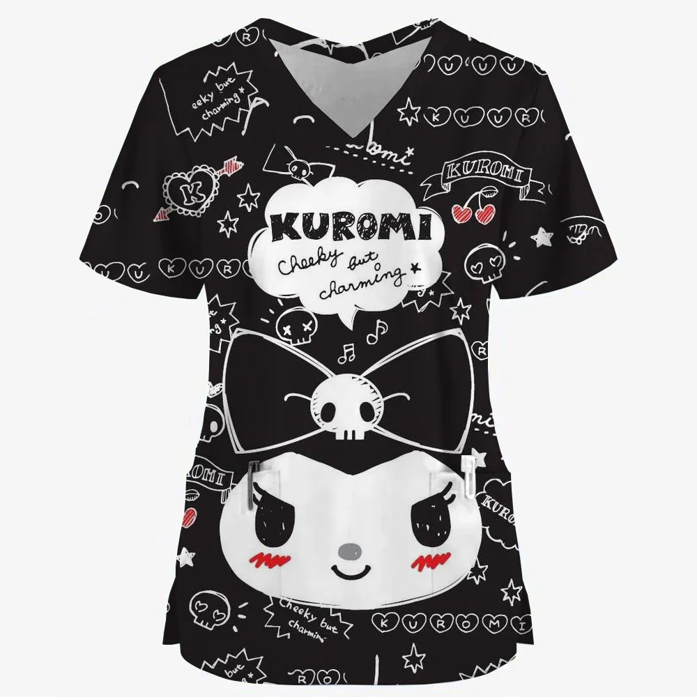 サンリオクロミハローキティポケットトップ 3D プリント Y2k 漫画 V ネック女性 Tシャツ Tシャツ新しい女性服ナース制服夏