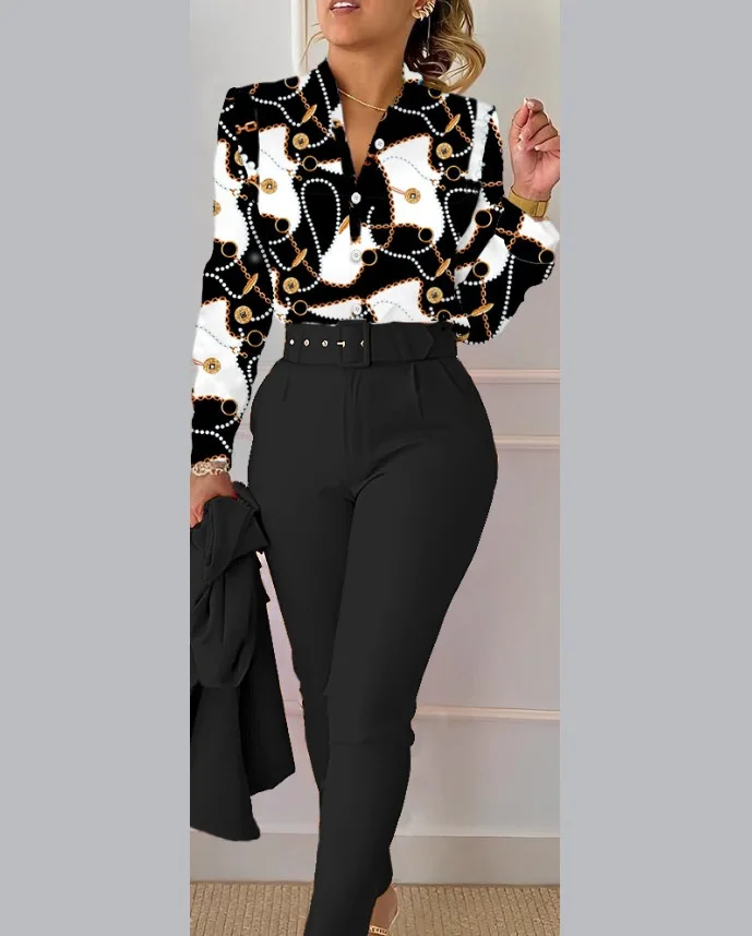 Rompers For Women Elegant Long Sleeve Lapel Button Shirt Slim-Fit Nine Part Pants Casual Pants Commuting Clothes Two-piece Set