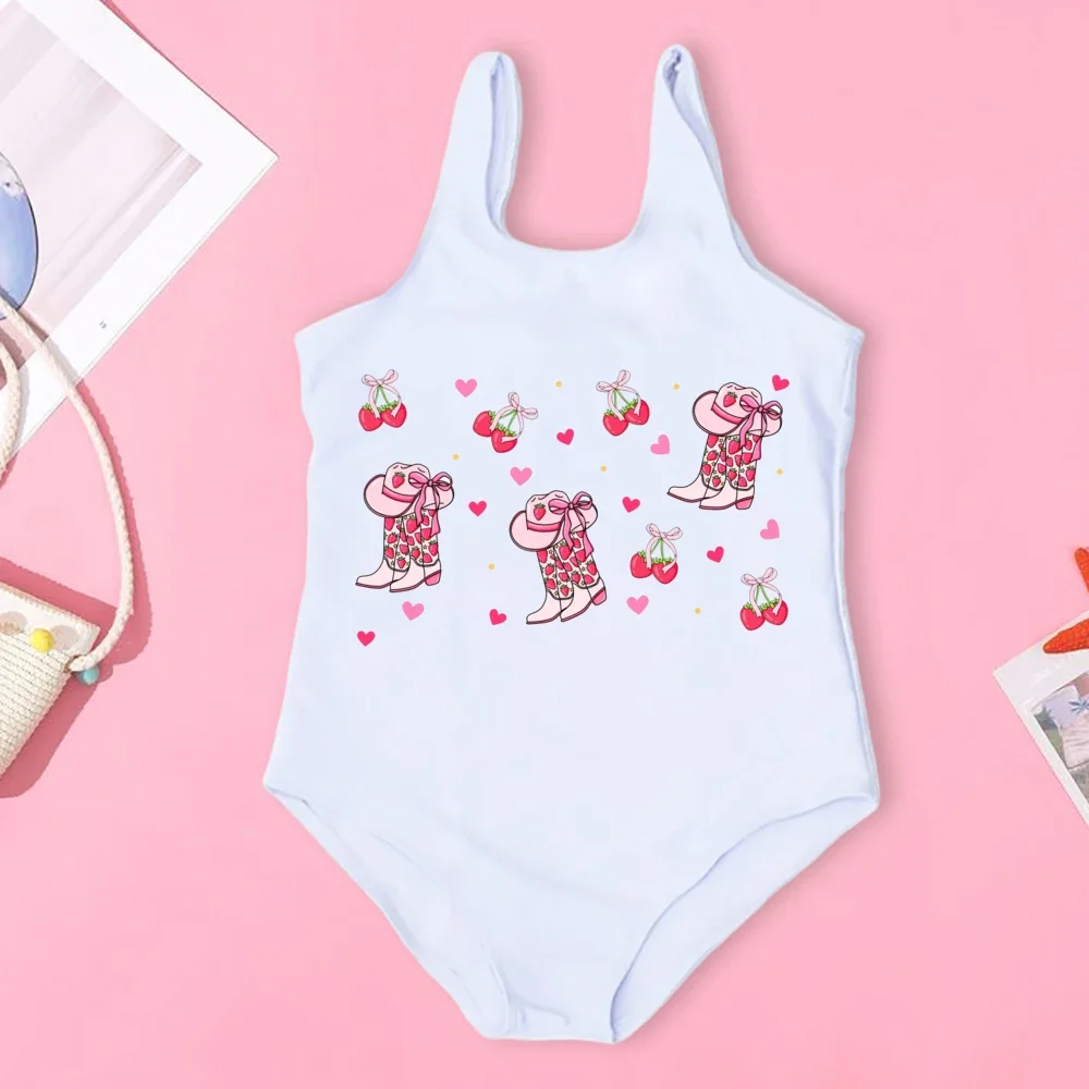 Fashion Cute Strawberry Pattern Print Child Swimsuit Cute Beach Kids One Piece Swimsuits Set Casual Girls Summer Clothing