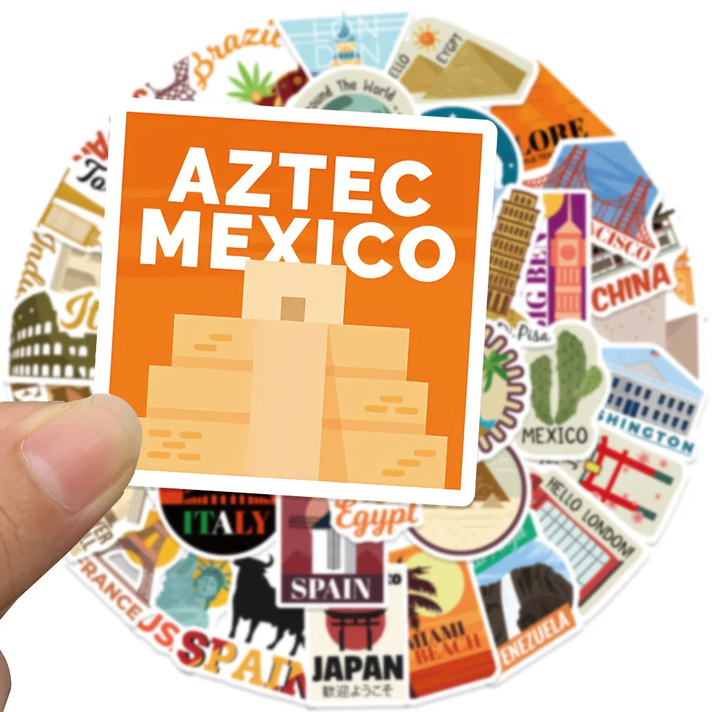 50 قطعة معالم المدينة العالمية ملصقات الكتابة على الجدران الهاتف الغيتار المحمول دفتر حقيبة كوب ملصق مضاد للمياه الشارات لعب الاطفال