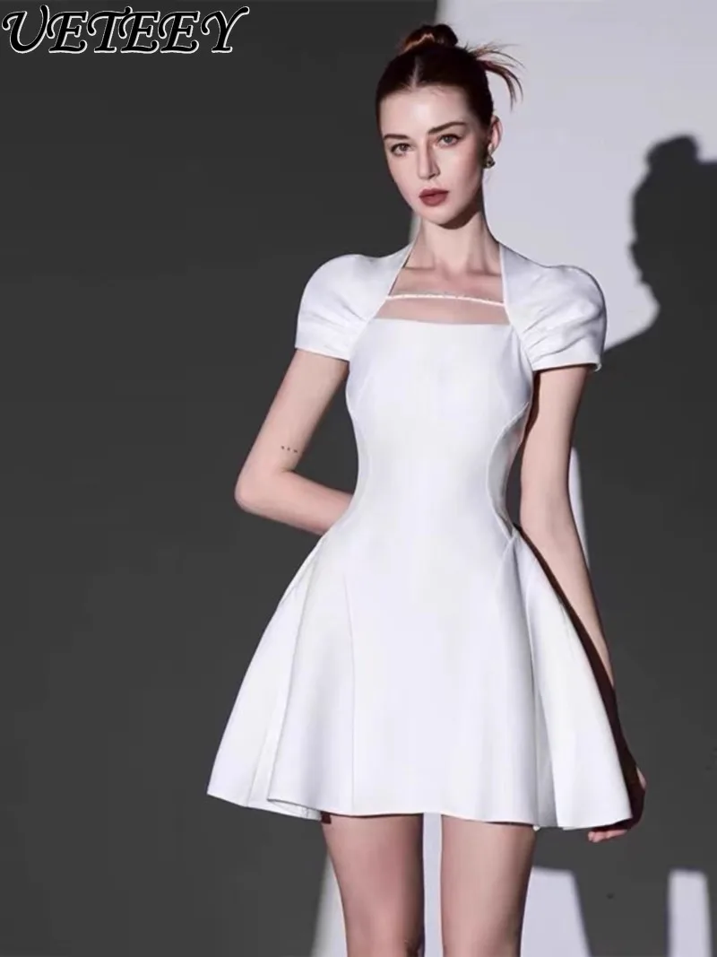 フレンチスタイルサテン半袖宴会年次総会誕生日パーティードレス社交界のエレガントな痩身ブライドメイドミニドレス