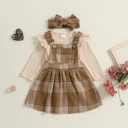 3Piece Toddler Girls Fall Clothes Set Christmas Long Sleeve Ruffled Ribbed Tops Plaid Suspender Skirt Outfits