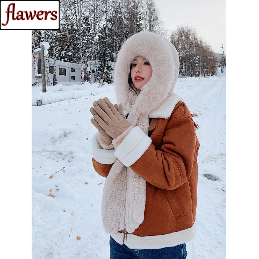 

Winter Women Natural Fox Fur Hats&Scarves Lady Warm Fluffy Real Rex Rabbit Fur Hat&Scarf Lady Luxury Knit Real Fur Hooded Scarfs