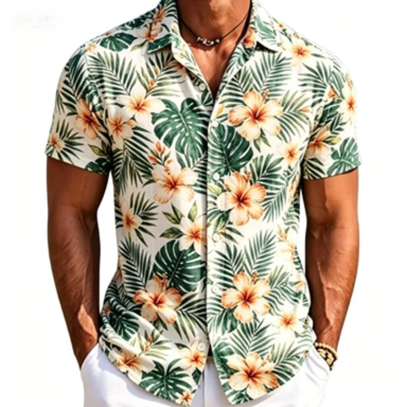 2026 New Hawaiian Men's Shirt 3D Beach Style Printed Lapel Short Sleeved Shirt