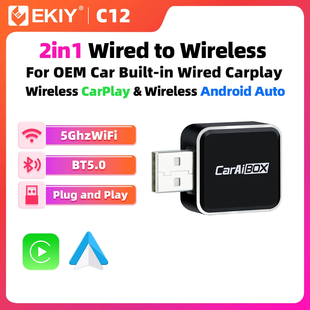 EKIY 2in1 Car Intelligent Systems Wireless CarPlay Dongle Wireless Android Auto Adapter AI TV Box For Car With Wired CarPlay