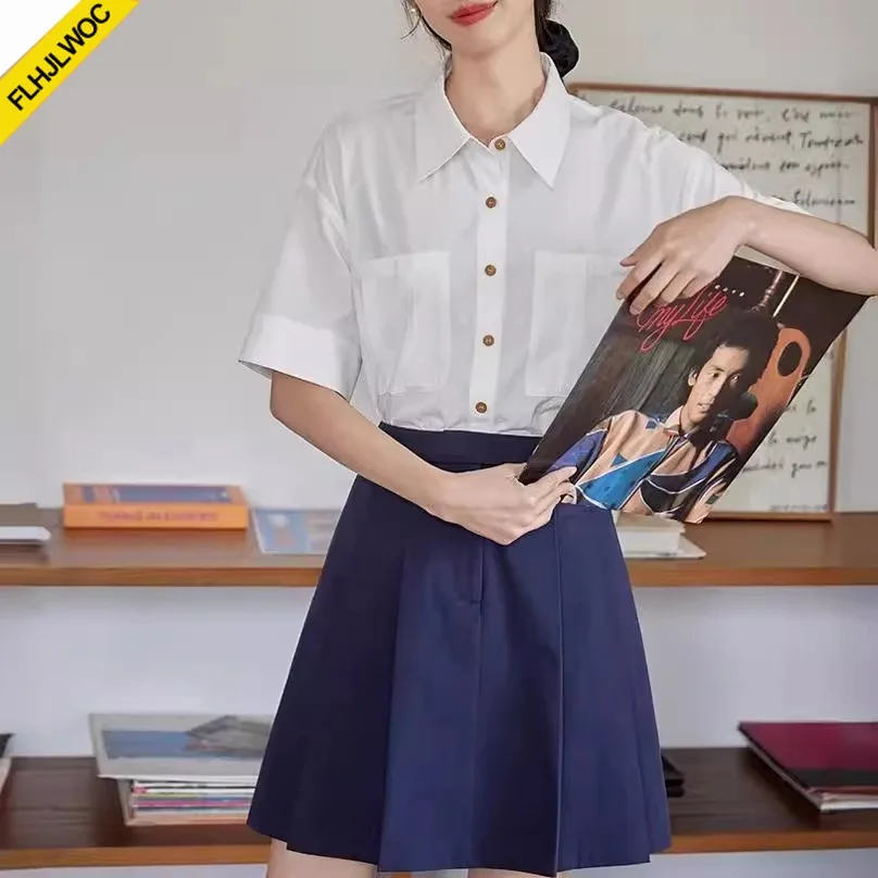 綿ブレンドトップスブラウス新デザイン女性かわいい甘い女の子ポケットカジュアルルーズソリッドピンクボタン白シャツ