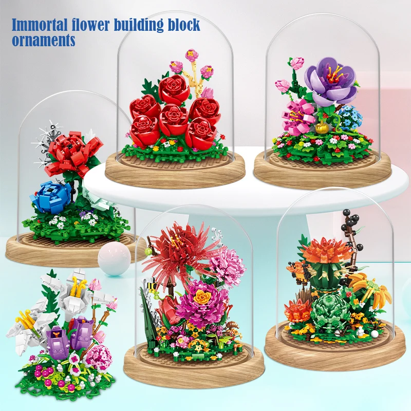 Flower Building Blocks with Dustproof Dome Cover, Mini Potted Bouquet Brick Kit DIY Assembly Floral Desktop Decor Gift