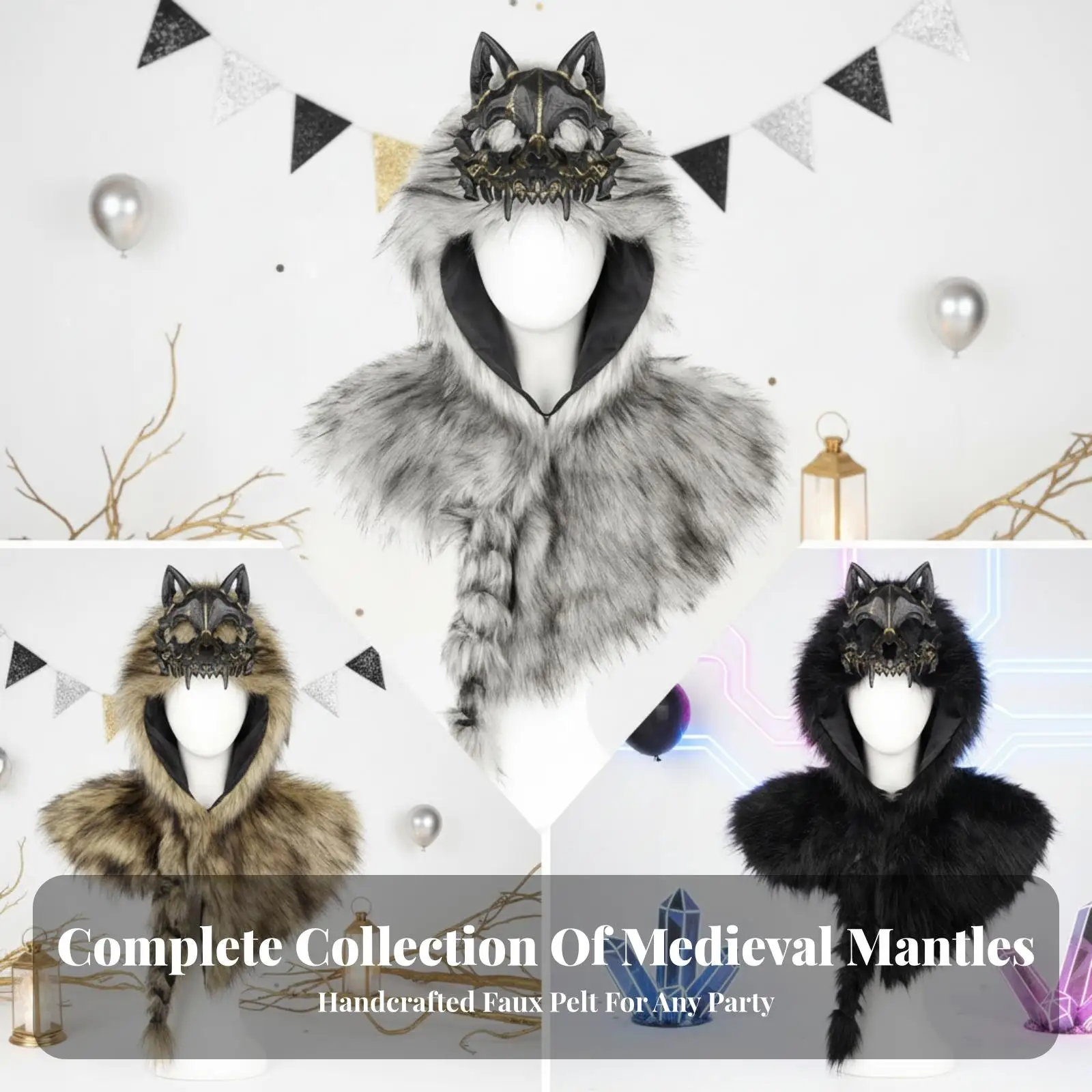 Wolf Skull Cape Hooded Faux Fur Cloak for Adults Medieval Viking Costume Halloween Party Wear