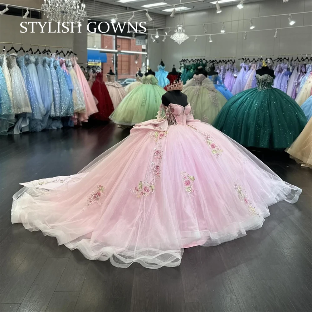 Robe de Quinceanera à paillettes roses du Mexique, appliques de perles, robe d'anniversaire de luxe, robe de Rhà nœud, robes de graduation, Sweet 15, 2025