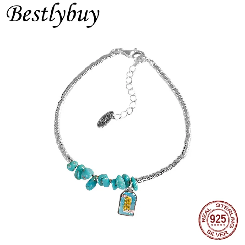 

НОВЫЙ браслет из чистого серебра S925 с натуральной бирюзой, измельченный серебряный браслет, женский оригинальный дизайн, легкий роскошный французский браслет