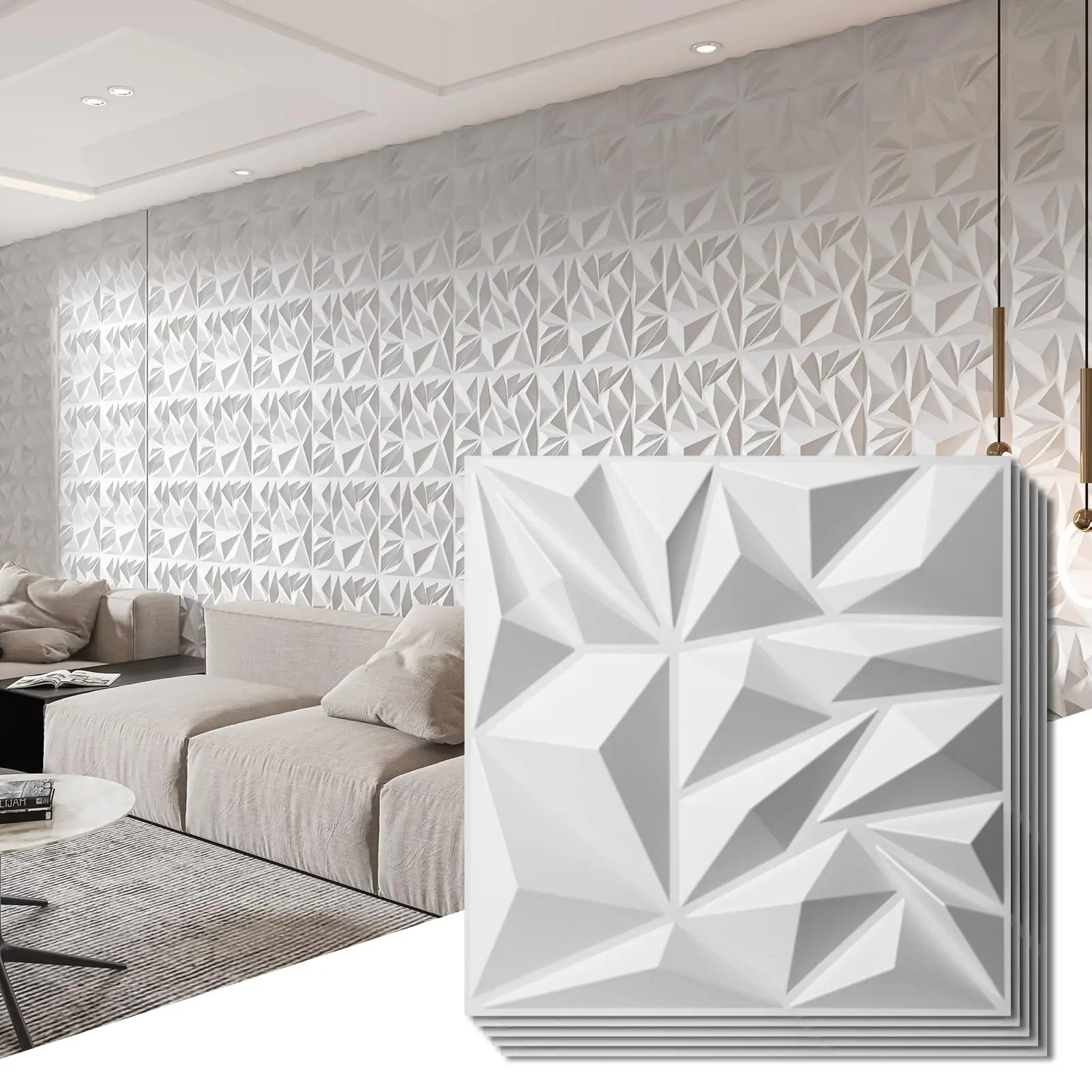 

12PCS3D wall panels are used for interior wall decoration, featuring modern diamond-textured decorative wall panels