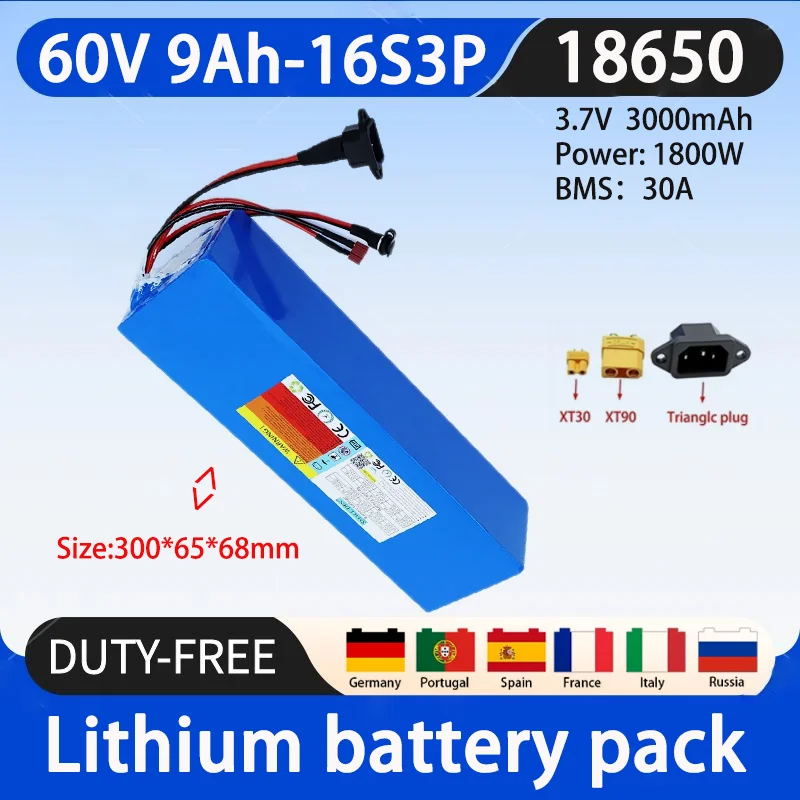 

new original 60V 9Ah battery 18650 16S3P 1000W-1800W high-power lithium battery, built-in BMS lithium-ion battery pack+2Acharger