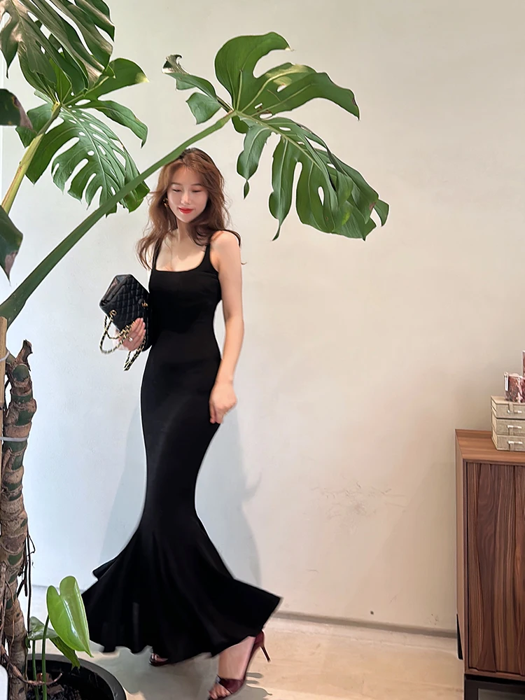 

YANGXIAOJING Pure Desire Sexy Bla Strapl Gown Women's Summer 2024 Slim Fit Fi Tail Long Dr High Waist Vestibule