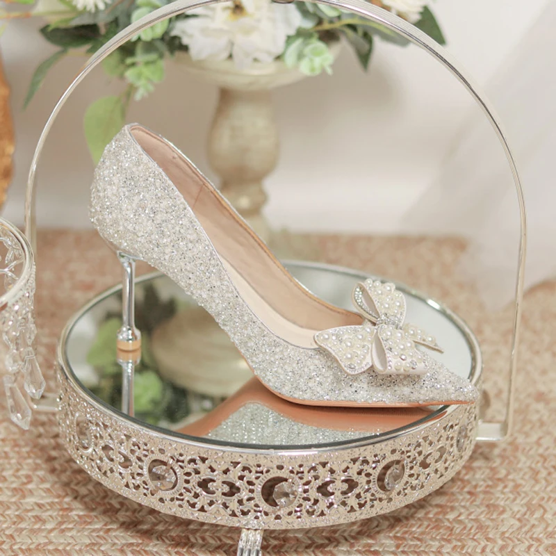 Rimocy Luxury Shiny Crystal Wedding Shoes Women Pearl Bowknot Thin Heels Pumps Woman Shining Pointed Toe High Heel Bridal Shoes