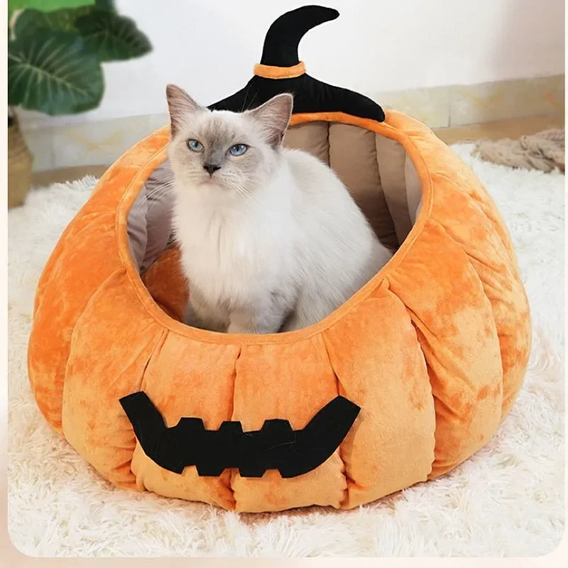 Cat Cushion Bed Halloween Pumpkin Cute Nest Sofa Winter Pet Tent Cave for Dogs Supplies Kennel House Soft Cozy