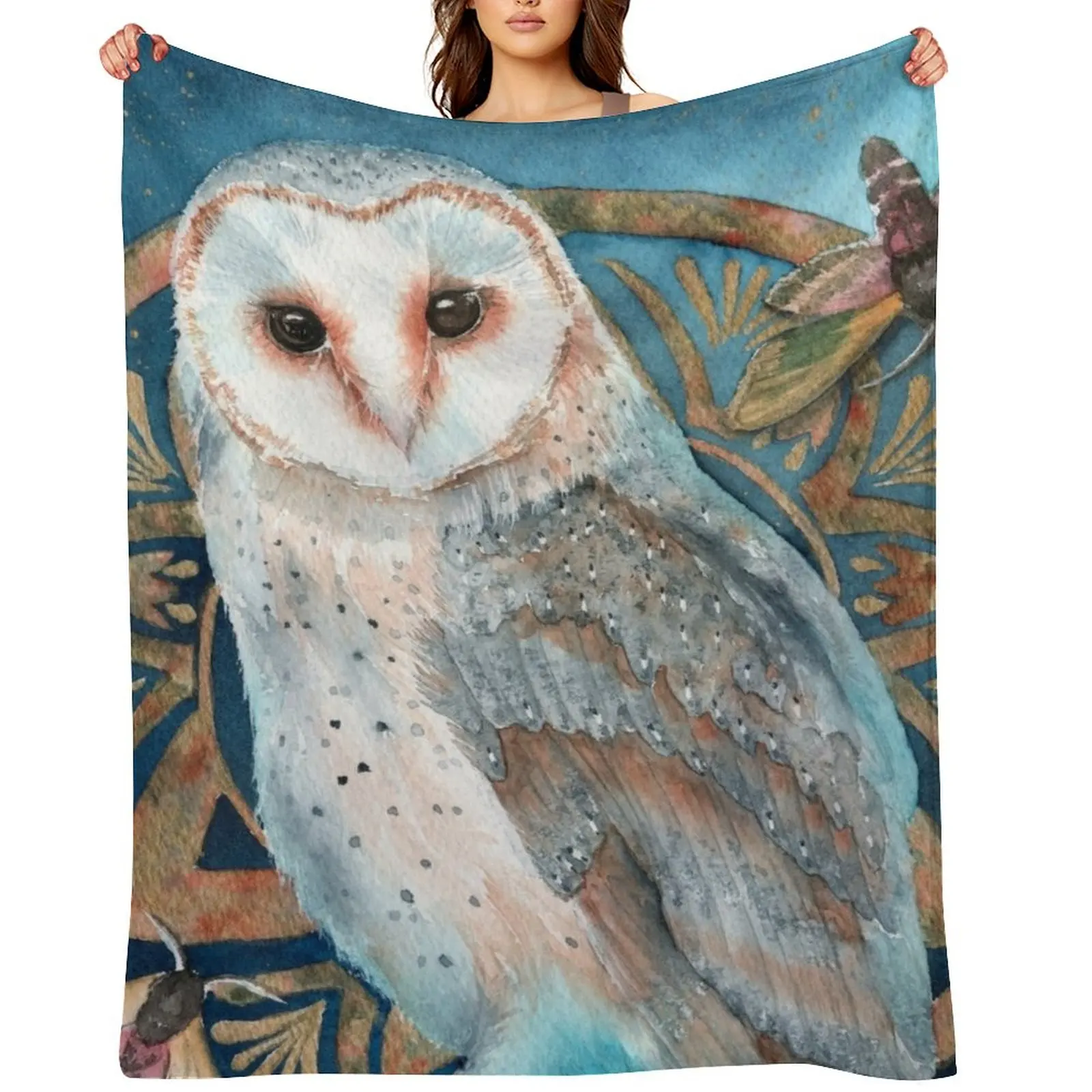 

Watercolor barn owl with two hawkmothes Throw Blanket anime blankets ands Heavy Weighted Blankets