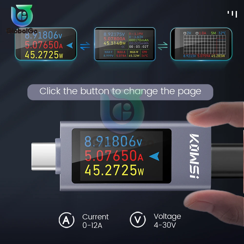 Type-c Multi-function Digital Display DC Voltage Ammeter Power Meter Cell Phone Charging Tester DC 4-30V 0-12A KWS-2301C