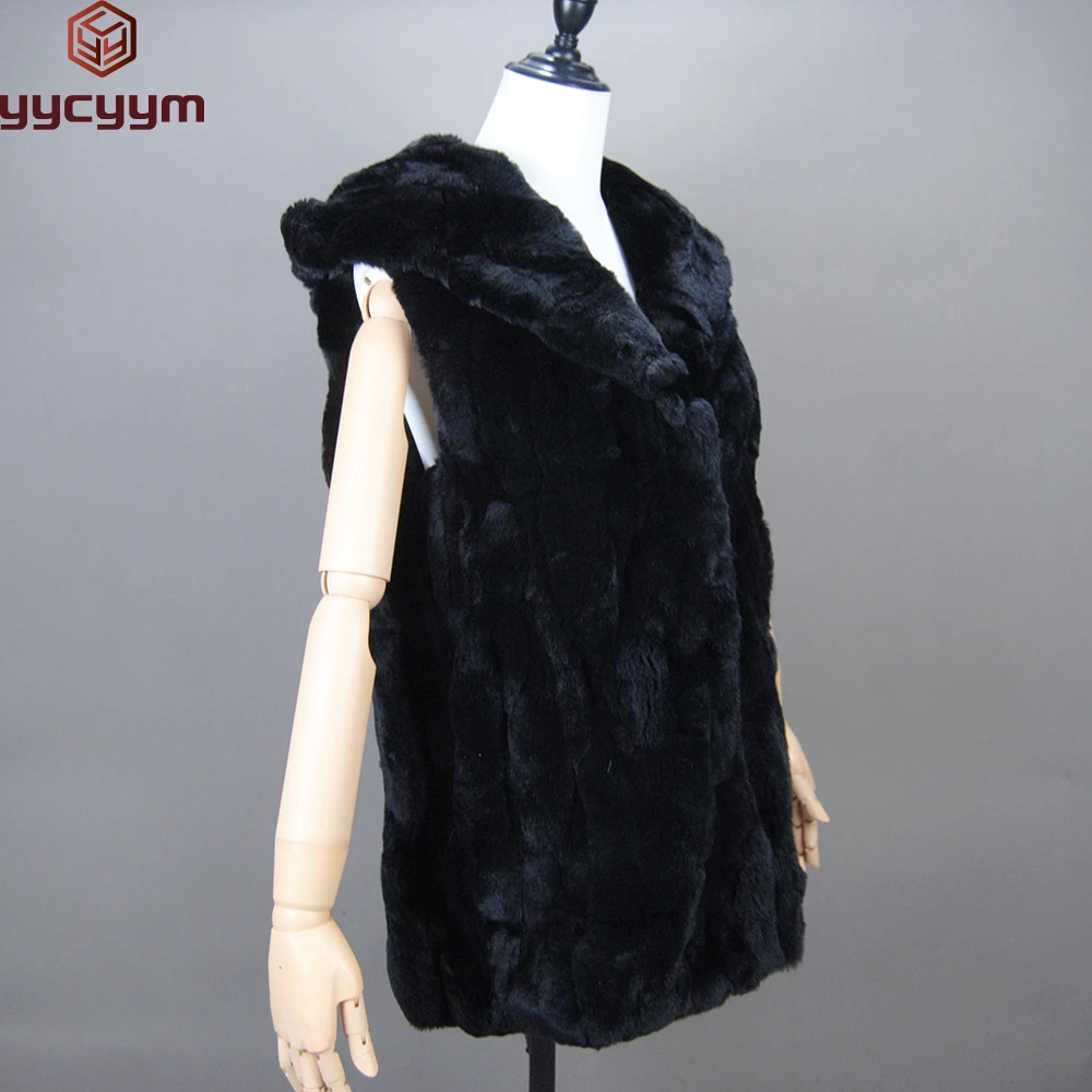 

Fashion Women Hooded Fur Coat Beige Rex Rabbit Fur Vest Sleeveless with Hood Winter Rex Rabbit Fur Waistcoat 100% Real Fur Vest