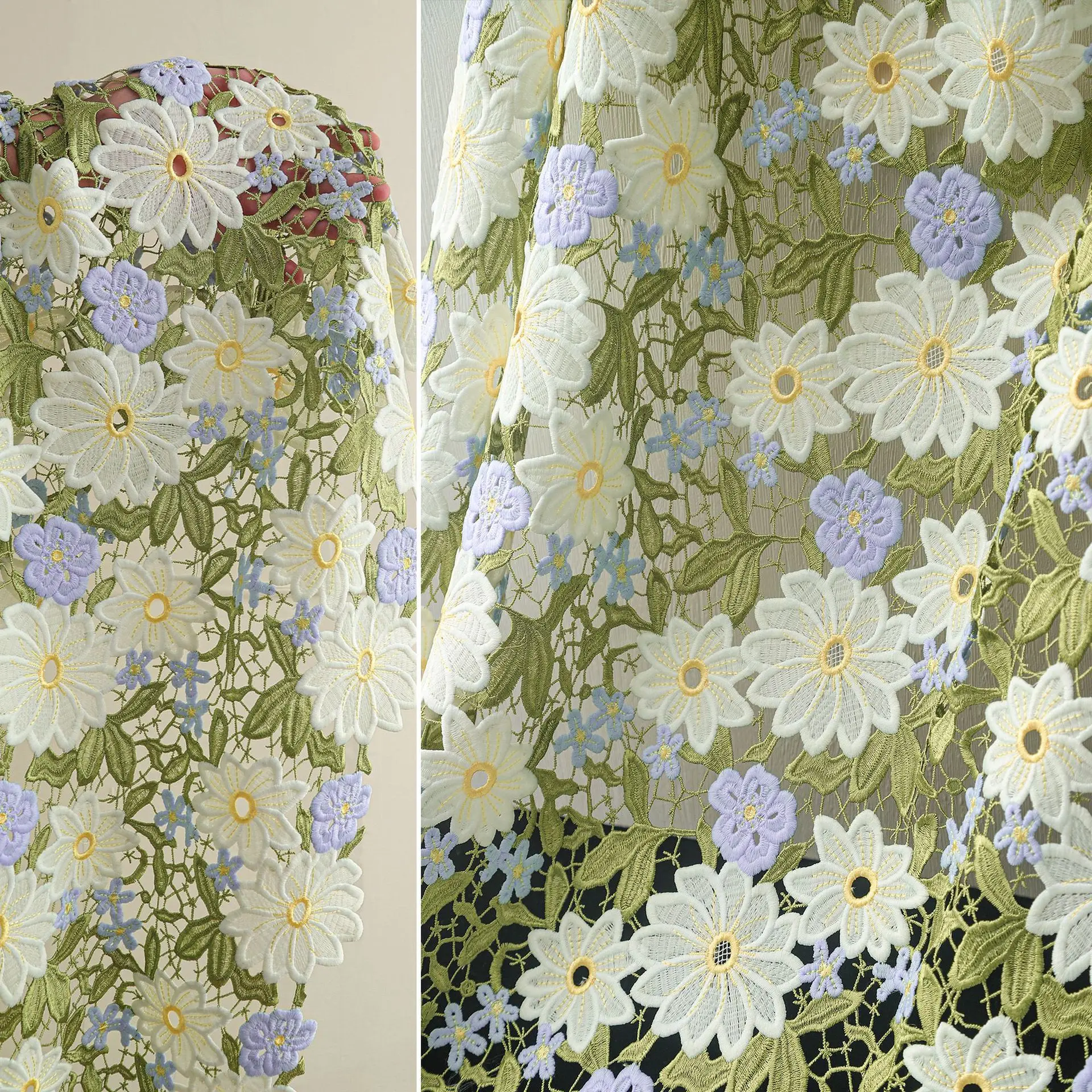 Green Hollow Water-soluble Embroidered Fabric Jacquard Decoration Home and Clothing Designer Fabric