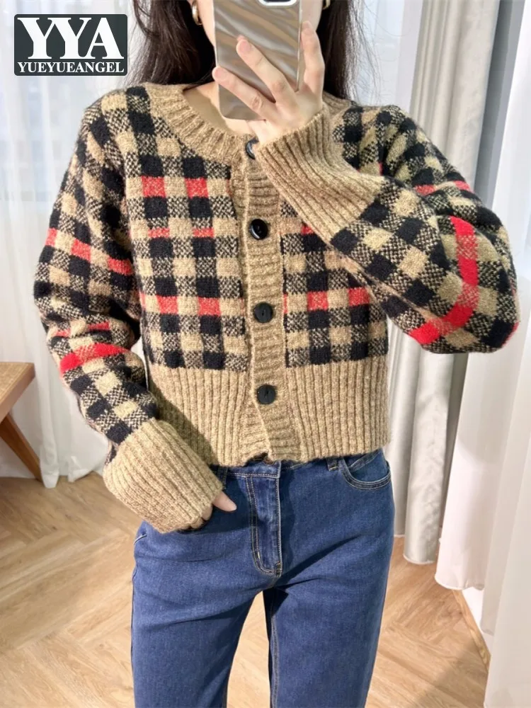 Vintage Women Autumn Mixed Colors Plaid Wool Sweater Coat O Neck Single Breasted Slim Fit Knitwear Cardigan Retro Casual Outwear