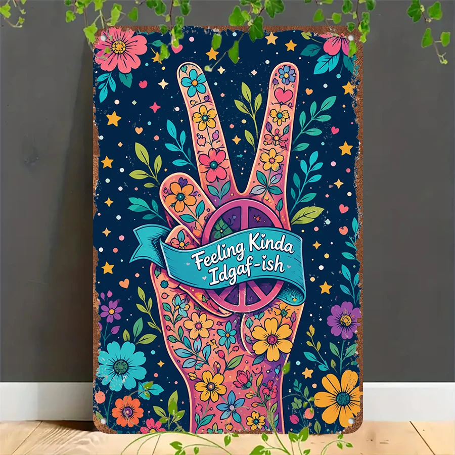 2D flat retro metal tin plate,  Feeling Kinda Idgaf-ish Peace Hand Tin Sign, Suitable for home, garage, café, bar and garden decoration