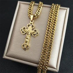Hip Hop Cross Jesus Crucifixion Necklace for Men Women Gold Color Stainless Steel Cuban Link Chain Punk Rock Male Jewelry N8242S
