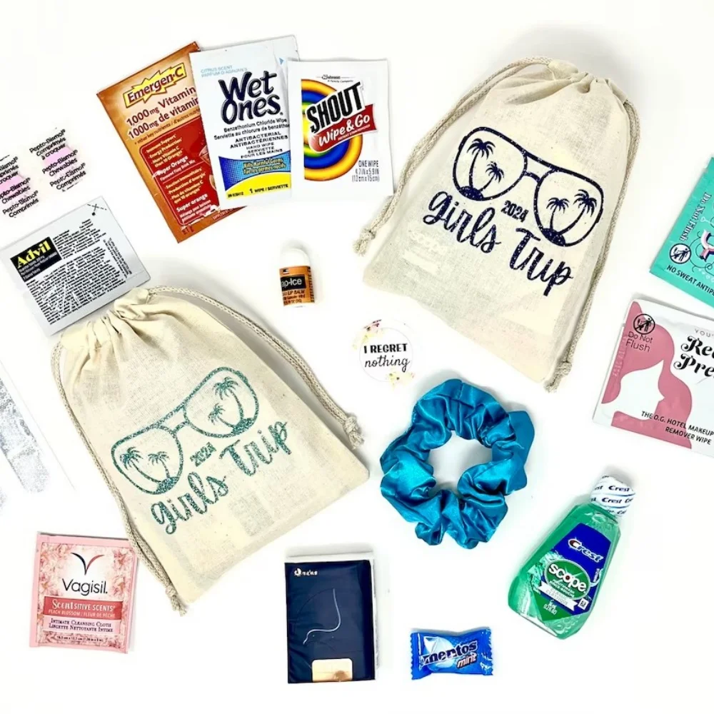 Kit de viaje personalizado para niñas, Kit de resaca de fin de semana para niñas, bolsa de recuerdo de fiesta, Kit de recuperación de escondite, 20 Uds.