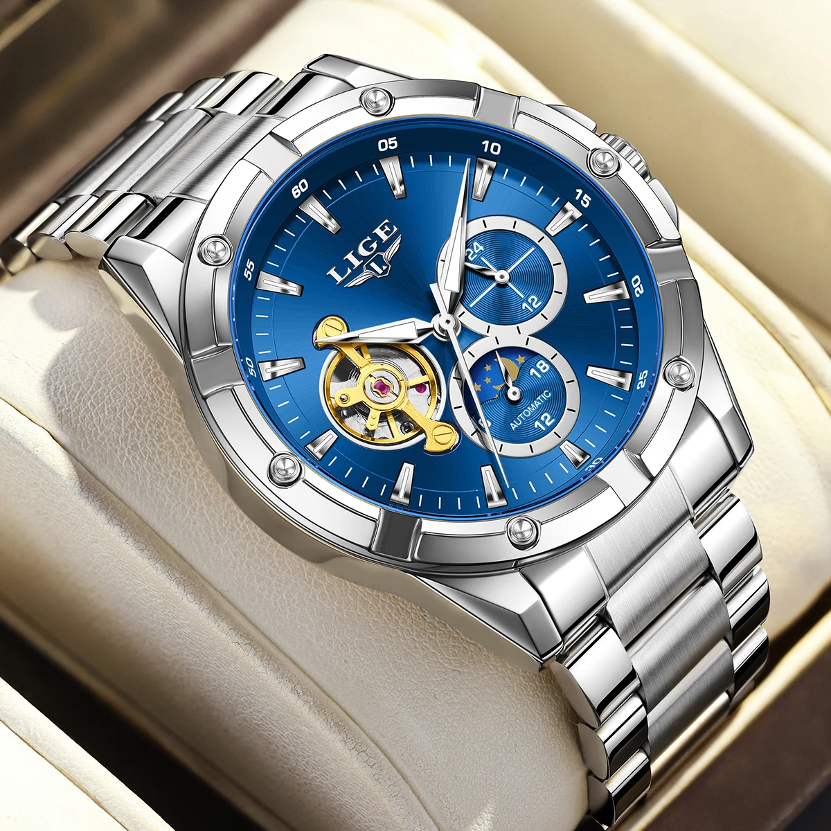 

LIGE мужские автоматические часы для мужчин оригинальные роскошные механические наручные часы со скелетонизированным маховиком классический календарь деловые мужские часы