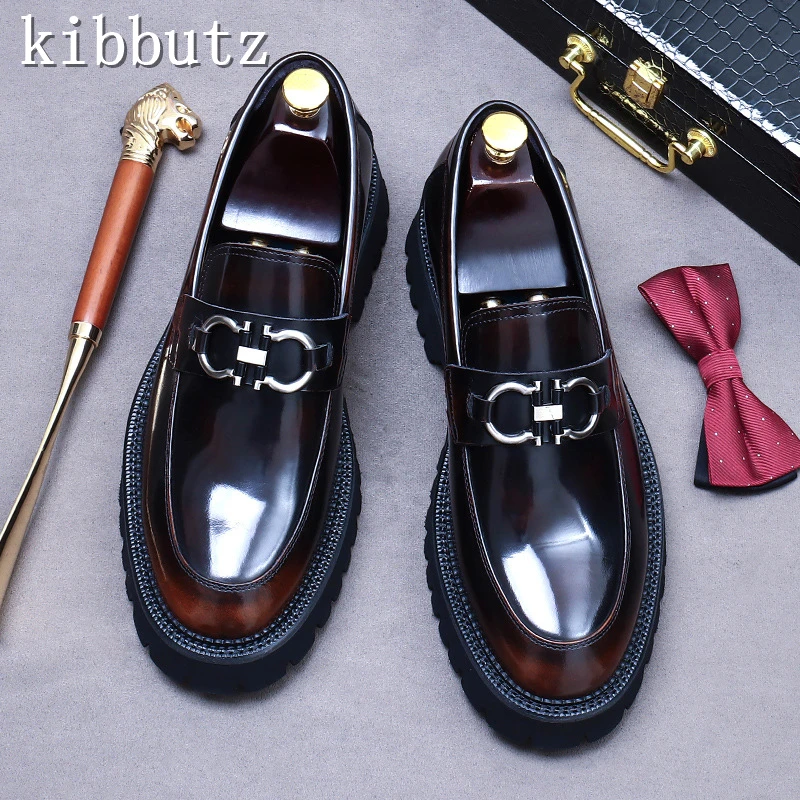 Designer New Bright Leather Men Derby Shoes Round Toe Thick Soled Slip On Male Formal Business Wedding Dress Shoes