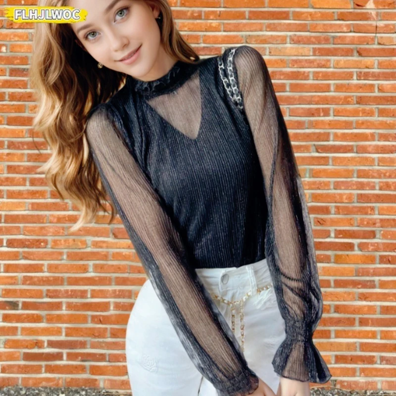 

2025 Autumn Winter Basics Shirts New Chic Korea Clothes Fashion Woman Long Sleeve Slim Fitted Half Turtleneck Tops Blouses