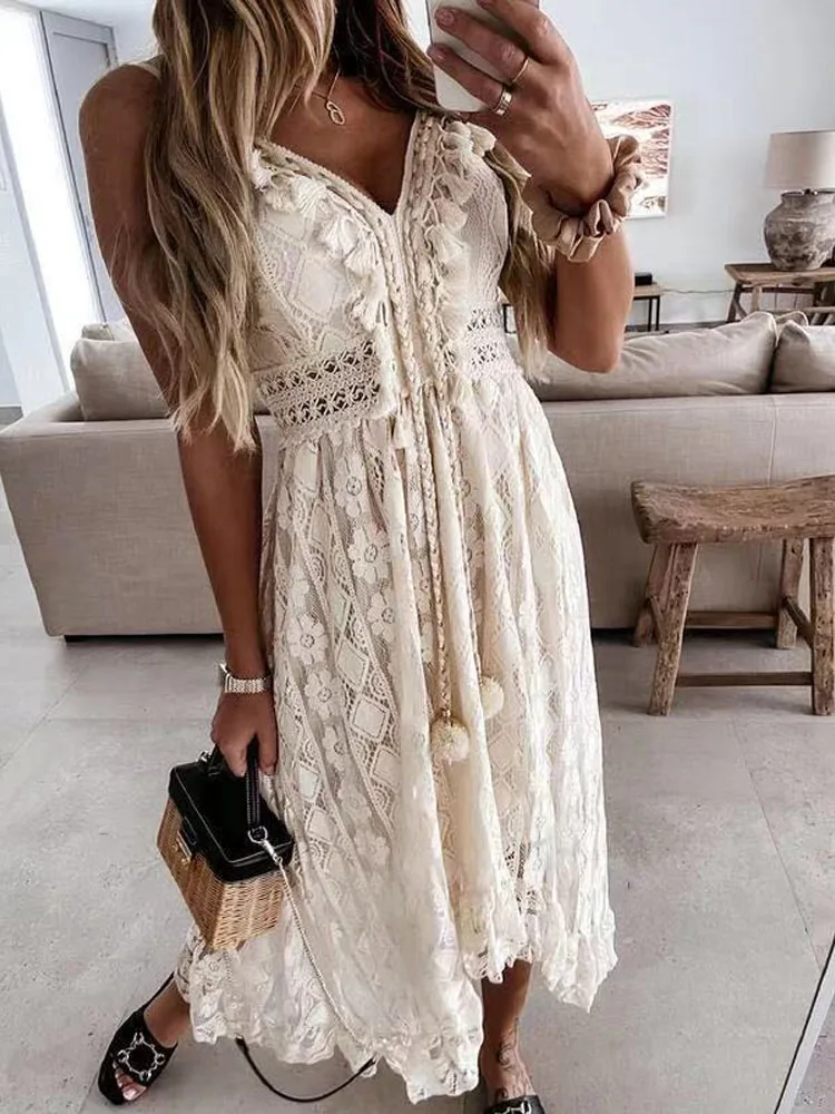 Mùa Hè Đời Boho Đầm Maxi Đầm Nữ Ngày Lễ Thanh Lịch Cổ V Spaghetti Dây Sundress Đầm Trắng Vestidos De Mujer 22194