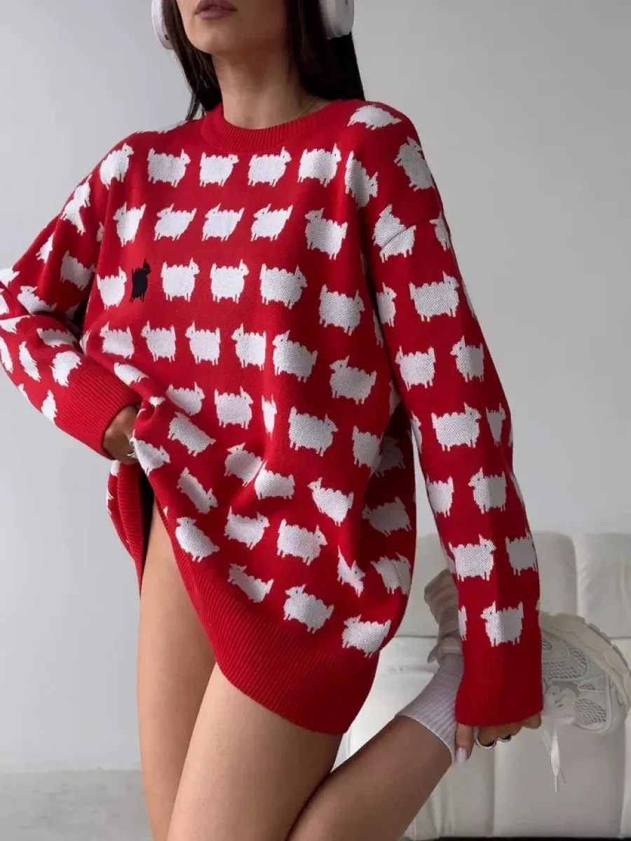 Women\'s Trendy Fashion Winter Oversized Long Sweater Cartoon Print Loose O Neck Long Sleeve Pullover Sweater