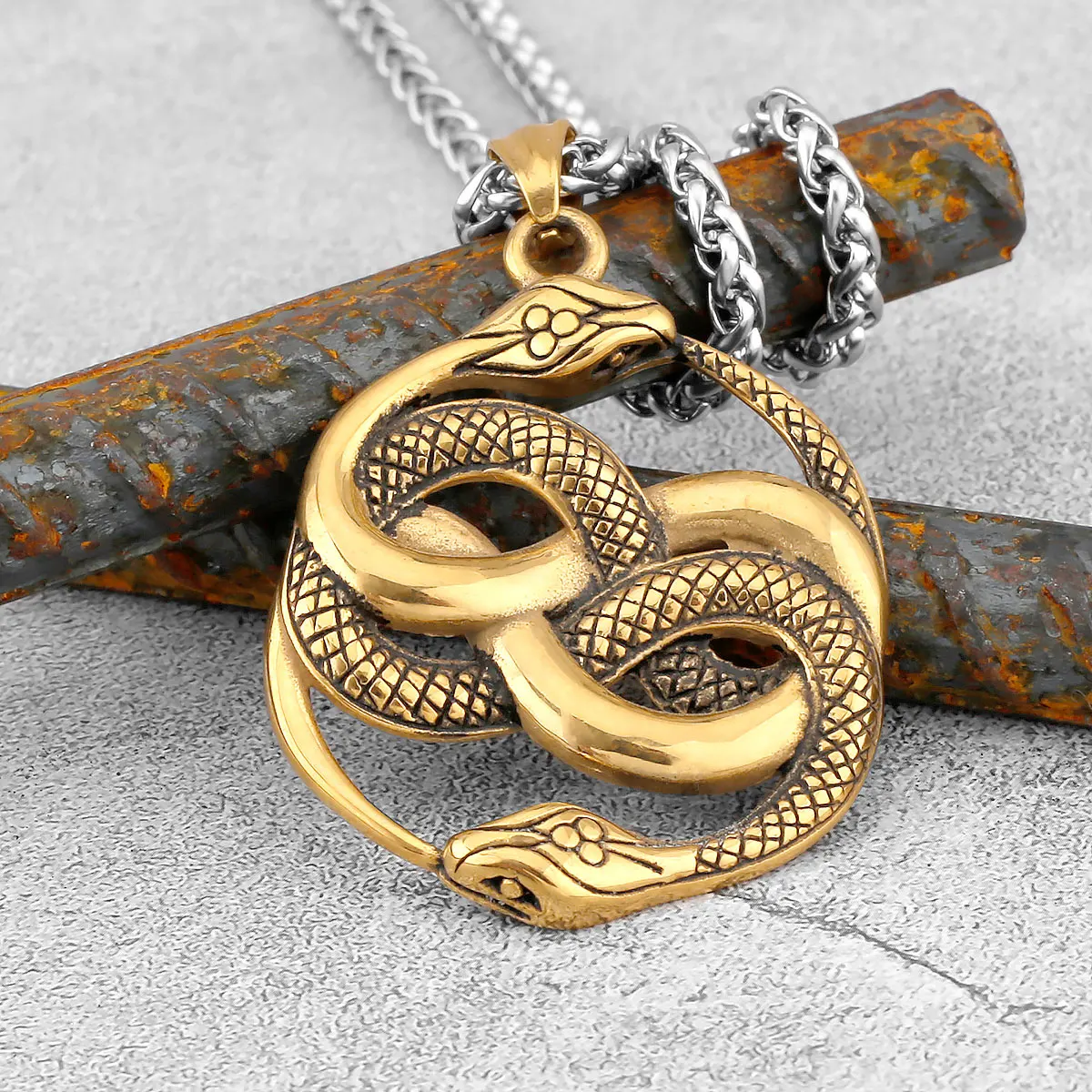 Vintage Creative Design Ouroboros Snake Viking Necklace Nordic Men Stainless Steel Double Snake Odin Pendant Amulet Jewelry New