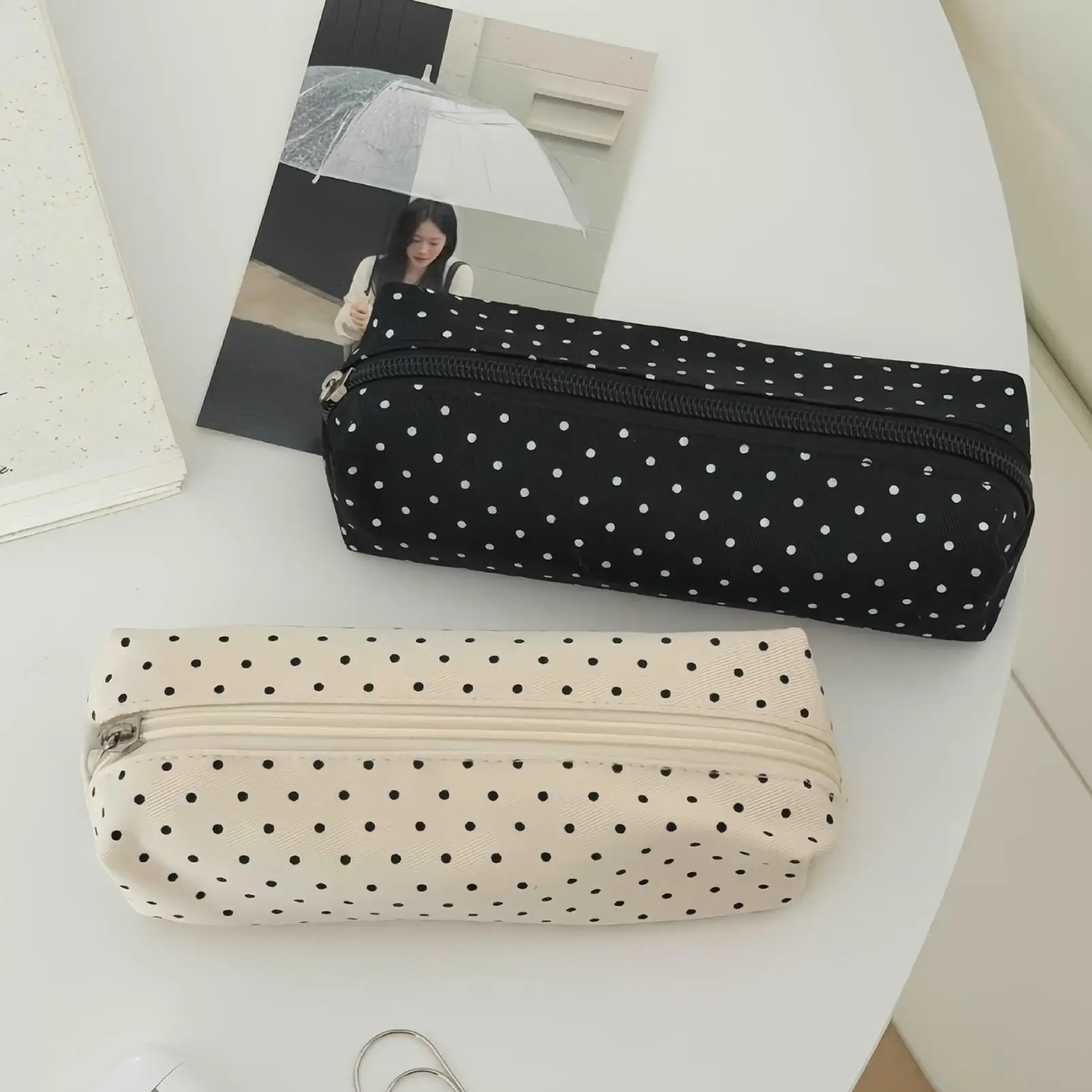 Lovely Polka Dots Pencil Bag Large Storage Canvas Case Retro Makeup Pouch Cute School Stationery Holder For Teenage Girls
