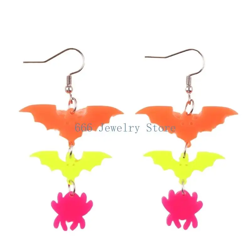 F2TD Seasonal Halloween Earrings Acrylic Bat and Spiders Dangle Pair for Party Looks, Themed Gatherings and Festive Photo
