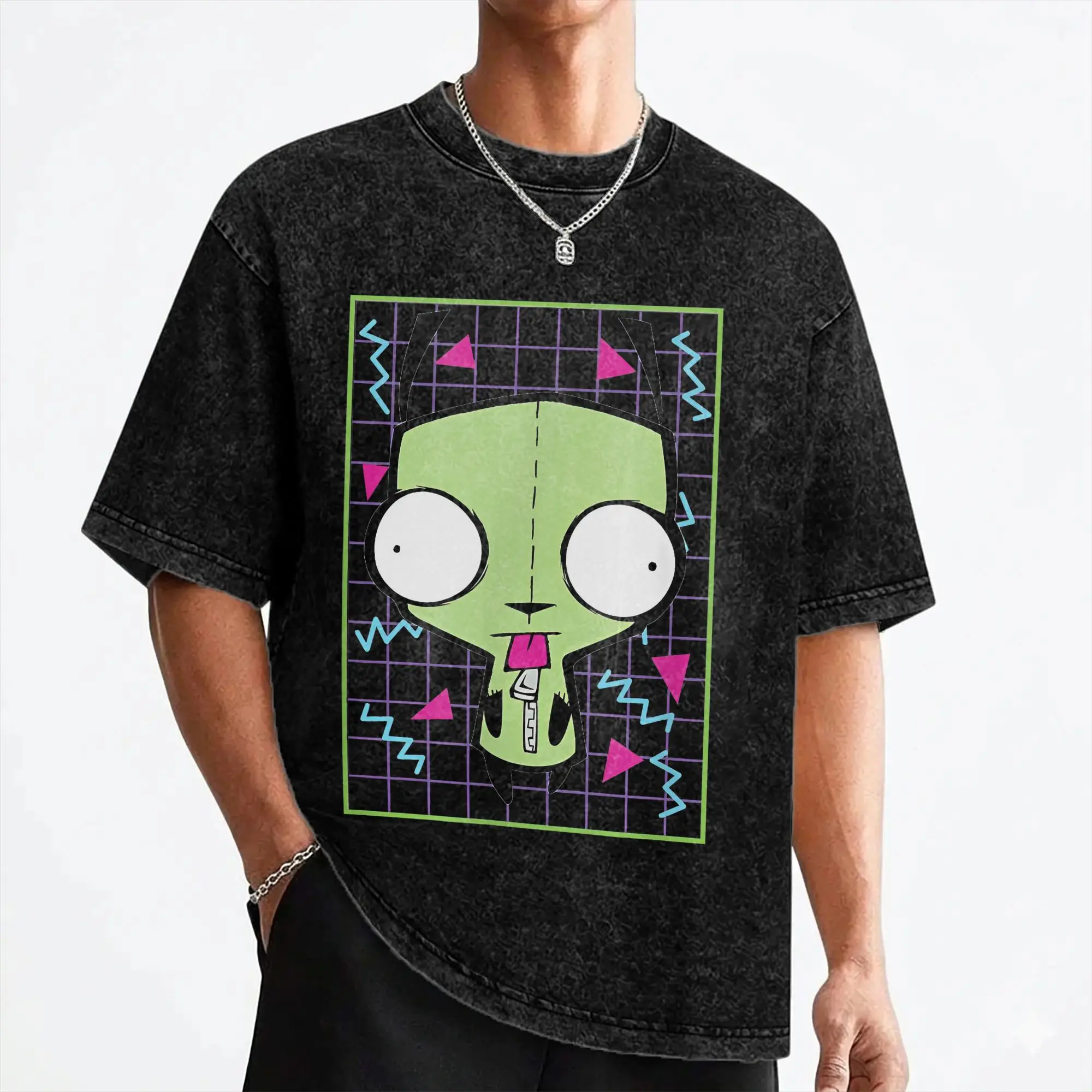 Cartoon Invaders Zim Gir Washed T Shirt Streetwear Vintage T-Shirt  Tees Men Women Cotton Oversize Graphic Printed