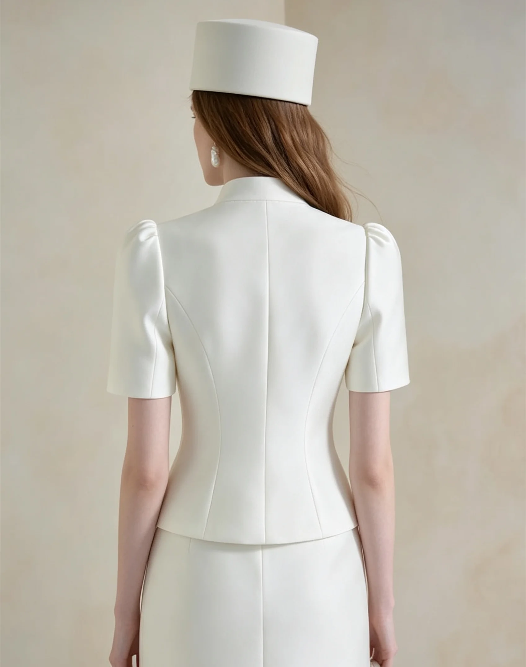 Women Stand Collar Short Sleeve Satin Wedding Suit Elegant Button Front Fitted Jacket Midi Skirt Two Piece Bridal Outfit Wedding